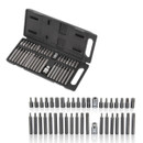 A black tool case with an assortment of hex and socket bits neatly organized. The case is open, showing rows of metal bits, conveying precision and utility.