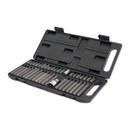 Open black tool case with rows of evenly arranged screwdriver bits and sockets. The organized layout conveys precision and functionality.