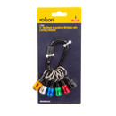 A multicoloured set of six hex shank screwdriver bit holders hangs on a black, locking carabiner. Packaging is yellow and blue with brand name "Rolson."