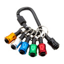 A black carabiner holds six anodized keychain bit holders in colours: orange, silver, blue, green, red, and black, symbolizing vibrancy and utility.