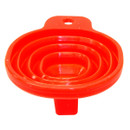 A red collapsible silicone funnel with concentric ridges is shown. The design allows for space-saving storage, conveying practicality and modernity.