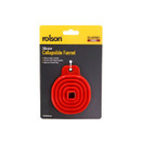Packaging of a red silicone collapsible funnel with a yellow header. Features include stain resistance and an 80-85mm diameter.