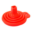 Red silicone collapsible funnel with concentric rings, featuring a square spout and a small tab with a hole for hanging. The tone is practical and modern.