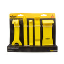 A set of five yellow plastic trim removal tools displayed on a black and yellow package, labeled with the brand "Rolson." Tools vary in size and shape.