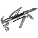 Multi-tool with silver and black features, includes a hammer, pliers, knife, and screwdriver attachments. Compact and practical for diverse tasks.