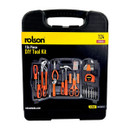 A portable black tool case labelled "rolson 124 Piece DIY Tool Kit," displaying neatly arranged orange-handled tools, including pliers, screwdrivers, and a tape measure.