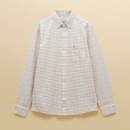 Men’s white multicoloured check Oxford shirt laid flat, showing button-down collar, chest pocket, and long sleeves.