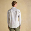 Back view of a model wearing a men’s white multicoloured check Oxford shirt with classic fit and curved hem.