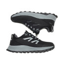 Pair of Regatta Ravika waterproof hiking shoes in black and dark steel, side profile showing lightweight midsole and trail outsole.