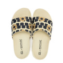 Pair of cream Orla Kiely x Regatta slide sandals with patterned floral and geometric strap.