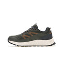 Dark khaki hiking trainer with breathable mesh upper, reinforced toe, and thick cushioned sole.