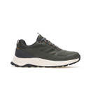 Inner side view of dark khaki trail shoe with supportive overlays and contrast midsole.
