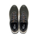 Pair of dark khaki low-cut hiking trainers with lace-up fastening and cushioned collars.