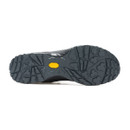 Black and grey Vibram outsole with deep, multi-directional lugs for trail grip.
