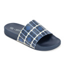 Navy Orla Kiely x Regatta slide sandal with floral geometric strap, front angle.