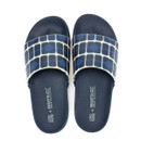 Navy blue Orla Kiely x Regatta slide sandals with patterned strap, top view.