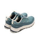 Pair of teal waterproof trail shoes viewed from the back and side, showing cushioned off-white midsoles and rugged black outsoles.