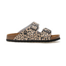 Alternate side view of leopard print double-strap sandal with black rubber outsole.