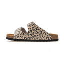Leopard print sandal with two adjustable straps and flat cork footbed, side profile.