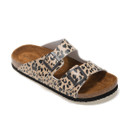 Leopard print double-buckle sandals with contoured cork footbed and black outsole, angled view.
