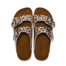 Top view of leopard print sandals with twin adjustable straps and suede-look footbeds.