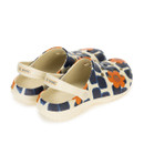 Cream clogs with blue geometric pattern and orange flower print, showing heel straps