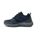 Side view of navy low walking shoe with waterproof upper and rugged outsole.
