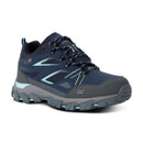 Three-quarter view of navy walking shoe with reinforced toe and cushioned midsole.