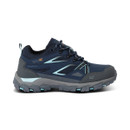 Side view of navy low walking shoe with waterproof upper and rugged outsole.