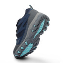 Angled view of navy walking shoe sole showing deep multi-directional grip tread.