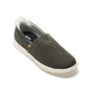 Angled front view of dark khaki slip-on shoe with canvas upper and cushioned sole.
