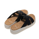 Pair of black crossover slide sandals with cork footbeds and cushioned white soles.
