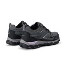Rear three-quarter view of grey walking shoes showing padded heel collars, pull tabs and chunky black soles with purple accents.