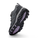 Grey walking shoe angled to display the deep black and purple outsole tread designed for outdoor grip.