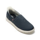 Navy slip-on casual shoe with white sole, three-quarter front view
