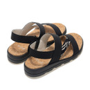 Back view of black sandals showing adjustable heel straps and cushioned cork footbeds.