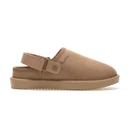 Opposite side profile of a tan suede clog with adjustable heel strap, stitched detailing and flat tan rubber sole.