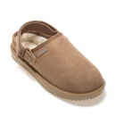 Tan suede clog with soft cream fleece lining, adjustable heel strap and textured rubber sole on a white background.