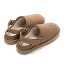 Rear three-quarter view of tan suede clogs with fleece lining, adjustable heel straps and ridged tan soles.