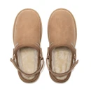 Top view of tan suede clogs showing rounded toes, adjustable heel straps and soft cream fleece-lined interiors.