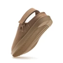 Tan suede clog angled to display the adjustable heel strap and flexible rubber outsole with wavy tread.