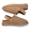 Pair of tan suede clogs arranged diagonally, featuring adjustable heel straps, soft uppers and textured tan soles.