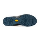 Durable rubber outsole of hiking boot with deep traction pattern, bottom view.