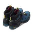 Pair of blue and black hiking boots shown from the rear, padded ankle collar and pull tabs visible.