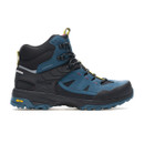 Outer side profile of blue and black hiking boot with reinforced heel and toe.