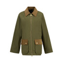 Front product shot of the olive green Barbour jacket showing the brown collar, gold ring zip and two patch pockets.