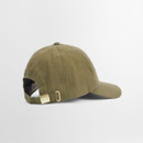 Rear three-quarter view of olive green Barbour cap, showing adjustable strap and metal buckle.