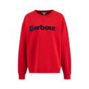 Front view of the red Barbour crew-neck sweatshirt with large navy logo on a plain background.