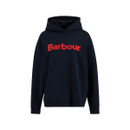 Navy Barbour hooded sweatshirt with red embroidered logo, shown front-on against a white background.