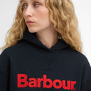 Close-up of navy Barbour hoodie showing the hood and red embroidered logo on the chest.